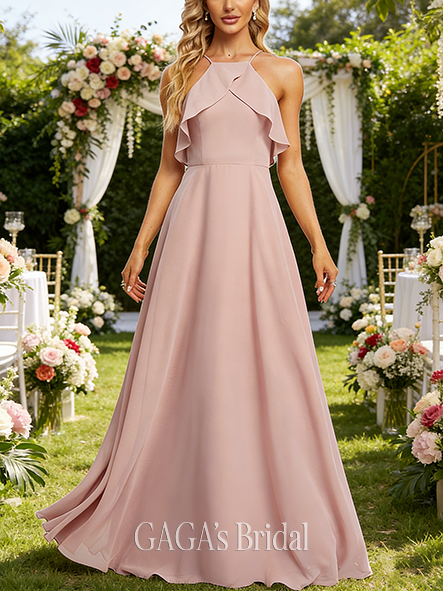 New Arrival A-line Breezy Halter Floor-Length Chiffon Bridesmaid Dress With Ruffle