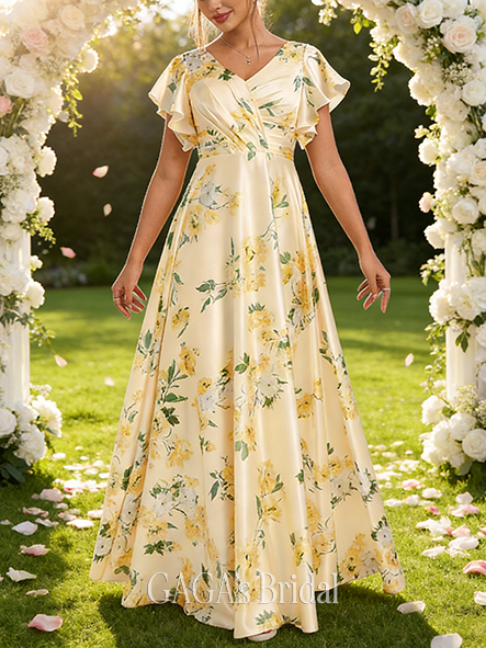 A-line Gorgeous V-Neck Floor-Length Matte Satin Bridesmaid Dress With Ruffle