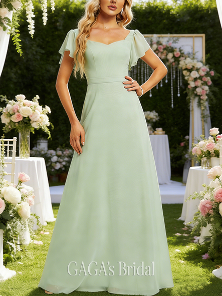 A-line Celestial V-Neck Floor-Length Chiffon Bridesmaid Dress With Ruffle