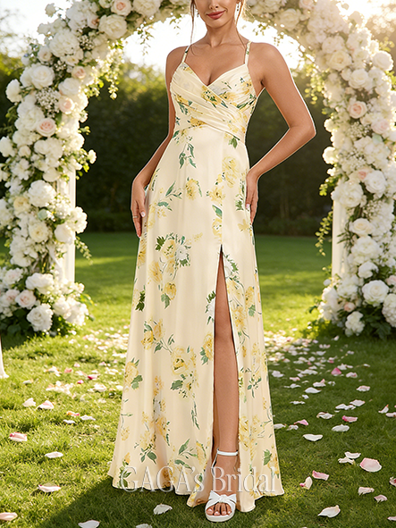 A-line Silky V-Neck Floor-Length Matte Satin Bridesmaid Dress