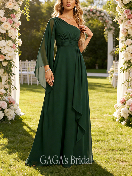 A-line Dazzling One Shoulder Floor-Length Chiffon Bridesmaid Dress With Ruffle Black and White