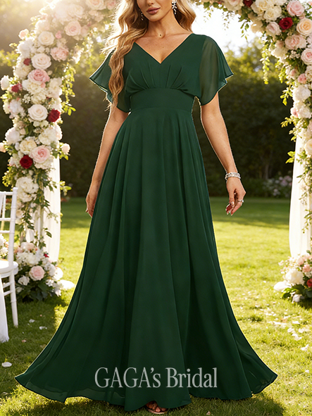 Junior A-line Graceful V-Neck Floor-Length Chiffon Bridesmaid Dress