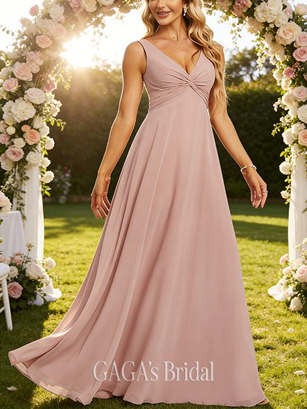 Junior A-line Unadorned V-Neck Floor-Length Chiffon Bridesmaid Dress