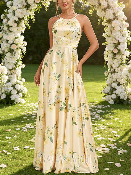 A-line Satin Texture Halter Floor-Length Matte Satin Bridesmaid Dress