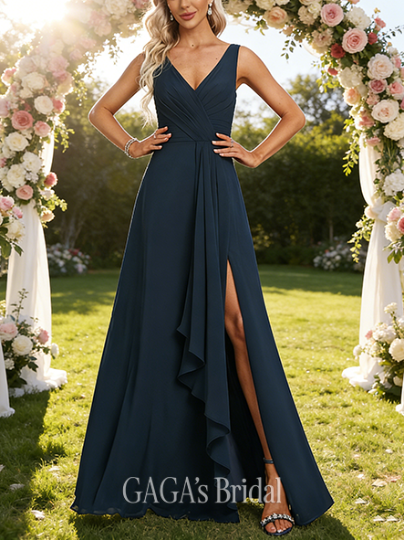 Under $100 A-line Amorous V-Neck Floor-Length Chiffon Bridesmaid Dress With Ruffle