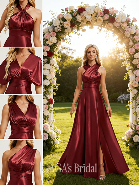 New Arrival A-line Elegant One Shoulder V-Neck Halter Floor-Length Stretch Satin Bridesmaid Dress