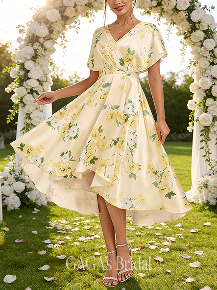 Short A-line Stylish V-Neck Asymmetrical Matte Satin Bridesmaid Dress With Ruffle