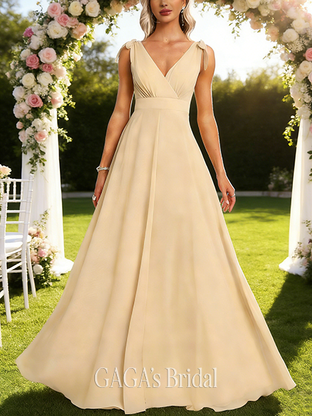 A-line Sweet V-Neck Floor-Length Chiffon Bridesmaid Dress With Bow