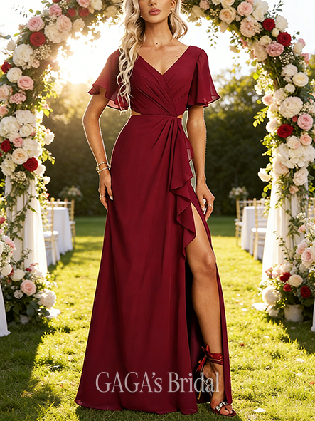 Junior A-line Celestial V-Neck Floor-Length Chiffon Bridesmaid Dress With Ruffle