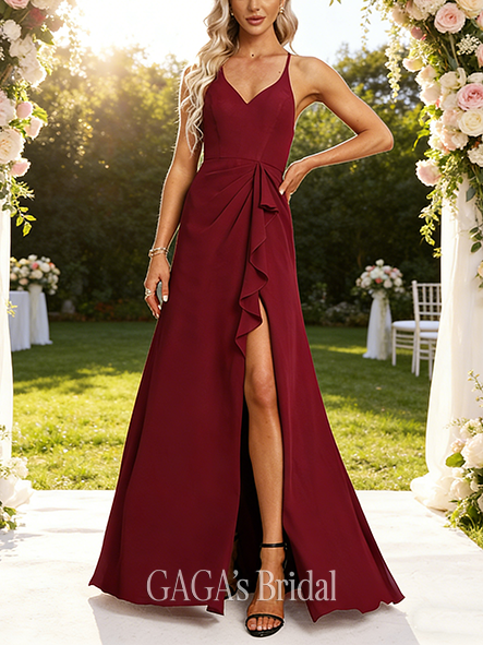 Plus Size A-line Unadorned V-Neck Floor-Length Chiffon Bridesmaid Dress