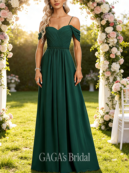 Plus Size A-line Glittering Cold Shoulder Floor-Length Chiffon Bridesmaid Dress With Sequins Beading