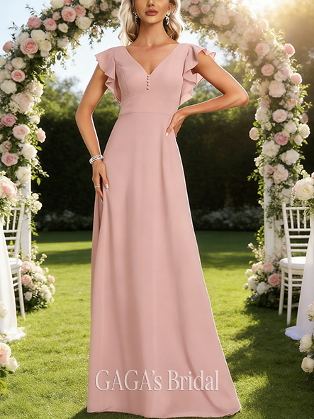 Plus Size A-line Celestial V-Neck Floor-Length Chiffon Bridesmaid Dress With Ruffle
