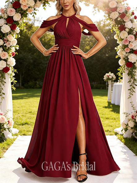 A-line Breezy Halter Floor-Length Chiffon Bridesmaid Dress
