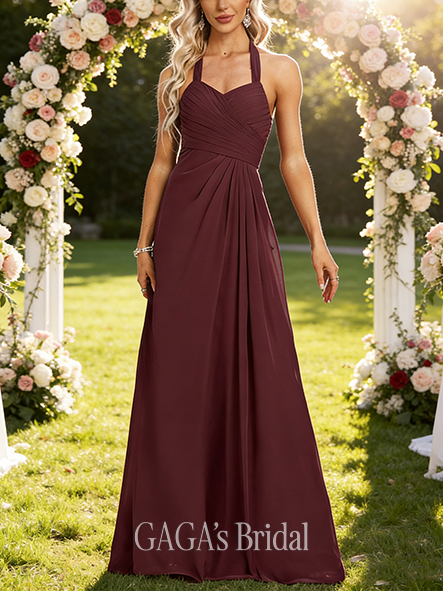 A-line Airy Halter Floor-Length Chiffon Bridesmaid Dress