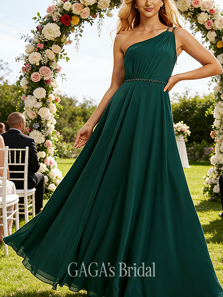 A-line Sparkling One Shoulder Floor-Length Chiffon Bridesmaid Dress With Beading Sequins