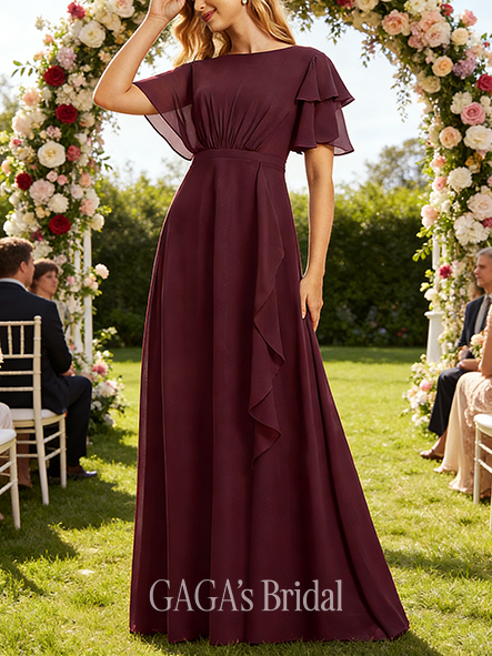 A-line Attractive Scoop Floor-Length Chiffon Bridesmaid Dress With Ruffle