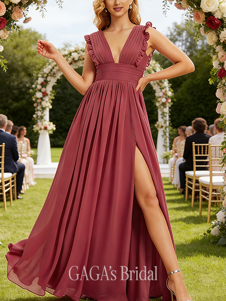 Junior A-line Amorous V-Neck Floor-Length Chiffon Bridesmaid Dress With Ruffle