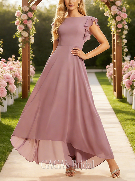 Junior A-line Contemporary Scoop Asymmetrical Chiffon Bridesmaid Dress With Ruffle