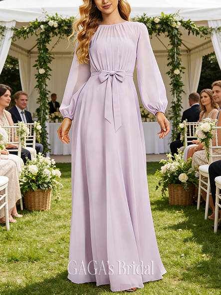 Junior A-line Lovely Scoop Floor-Length Chiffon Bridesmaid Dress With Bow