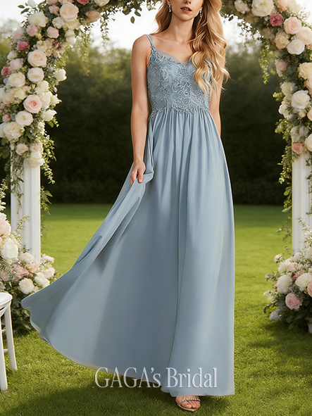 Maternity Friendly A-line Lace-Edged V-Neck Floor-Length Lace Chiffon Bridesmaid Dress With Ruffle