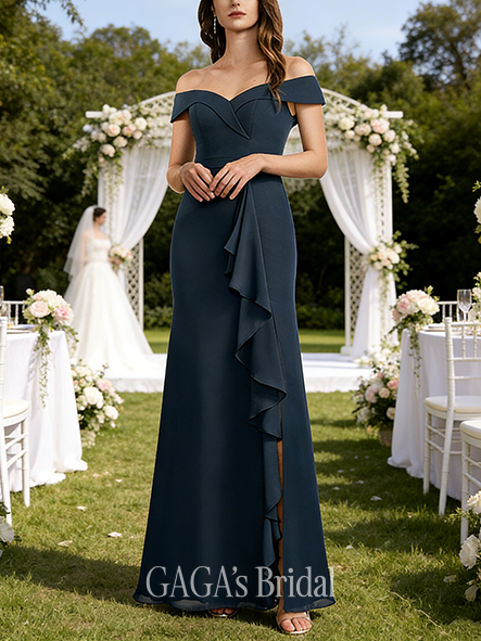 New Arrival A-line Stylish Off the Shoulder Floor-Length Chiffon Bridesmaid Dress With Ruffle Ruched