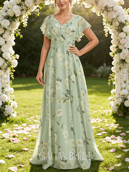 New Arrival A-line Amorous V-Neck Floor-Length Chiffon Bridesmaid Dress With Ruffle