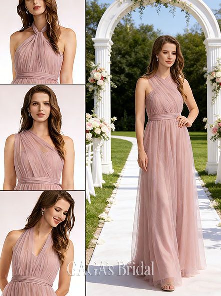 Under $100 A-line Distinctive Off the Shoulder One Shoulder V-Neck Floor-Length Tulle Bridesmaid Dress
