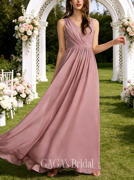 Plus Size A-line Elegant V-Neck Floor-Length Lace Chiffon Bridesmaid Dress