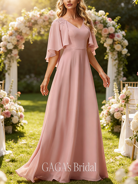A-line Opulent V-Neck Floor-Length Lace Chiffon Bridesmaid Dress