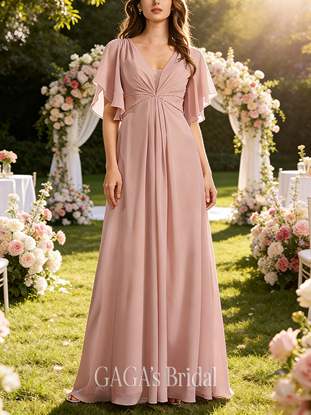 Under $100 A-line Light V-Neck Floor-Length Chiffon Bridesmaid Dress