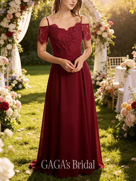 New Arrival A-line Attractive V-Neck Floor-Length Lace Chiffon Bridesmaid Dress