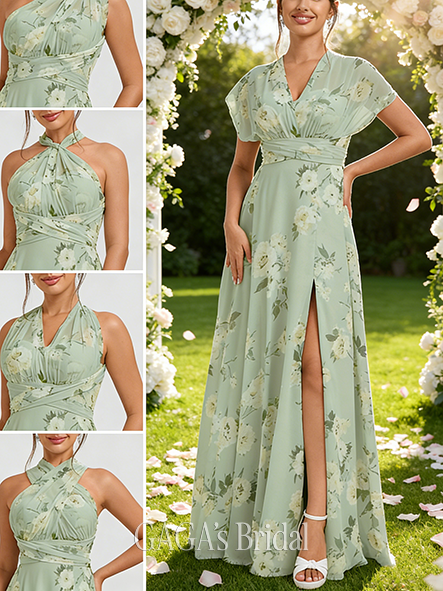 New Arrival A-line Impressive Halter One Shoulder V-Neck Floor-Length Chiffon Bridesmaid Dress
