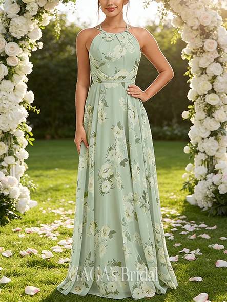 A-line Light Halter Floor-Length Chiffon Bridesmaid Dress
