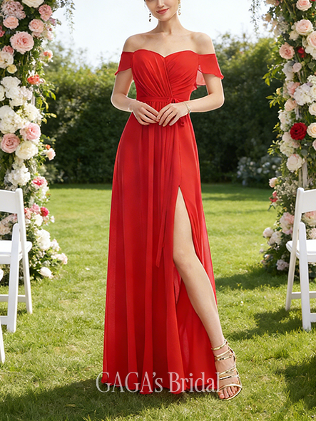 A-line Beautiful Off the Shoulder Floor-Length Chiffon Bridesmaid Dress With Ruffle Ruched