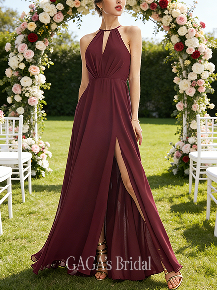 A-line Breezy Halter Floor-Length Chiffon Bridesmaid Dress