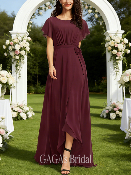 Under $100 A-line Contemporary Scoop Asymmetrical Chiffon Bridesmaid Dress With Ruffle