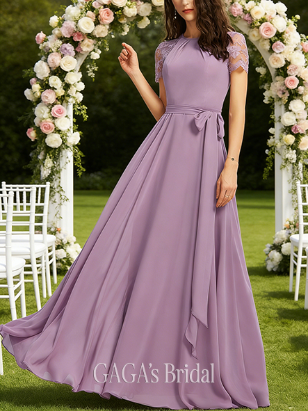 A-line Retro Scoop Floor-Length Lace Chiffon Bridesmaid Dress