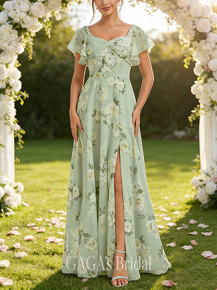 New Arrival A-line Gentle V-Neck Floor-Length Chiffon Bridesmaid Dress With Ruffle