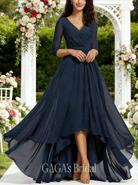 Short A-line Fitted V-Neck Asymmetrical Chiffon Bridesmaid Dress With Pleated