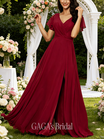 New Arrival A-line Polished V-Neck Floor-Length Chiffon Bridesmaid Dress