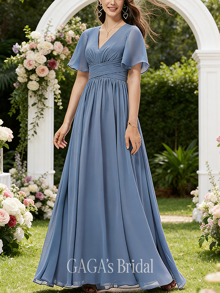 New Arrival A-line Amorous V-Neck Floor-Length Chiffon Bridesmaid Dress With Ruffle