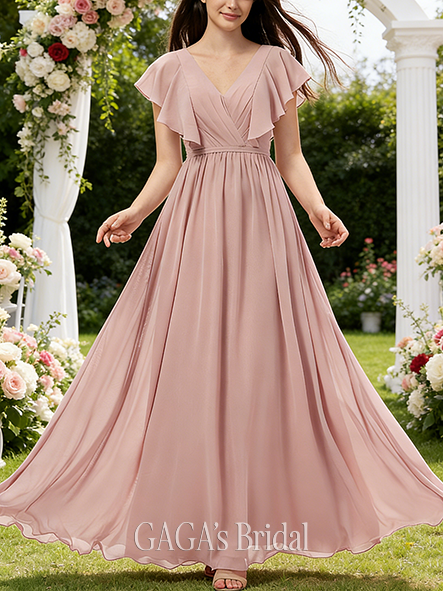 A-line Plain V-Neck Floor-Length Chiffon Bridesmaid Dress