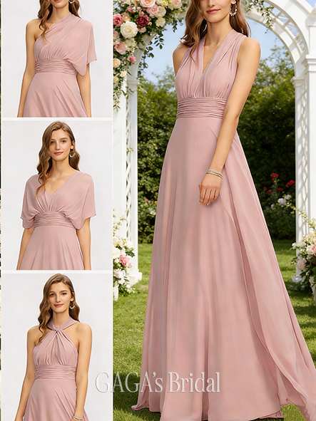 A-line Distinctive Halter One Shoulder V-Neck Floor-Length Chiffon Bridesmaid Dress With Ruffle