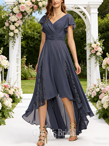 A-line Lace-Trimmed V-Neck Asymmetrical Lace Chiffon Bridesmaid Dress With Pleated