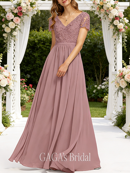 A-line Dainty V-Neck Floor-Length Chiffon Lace Bridesmaid Dress