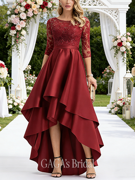 New Arrival A-line Glittering Scoop Asymmetrical Satin Lace Bridesmaid Dress With Sequins