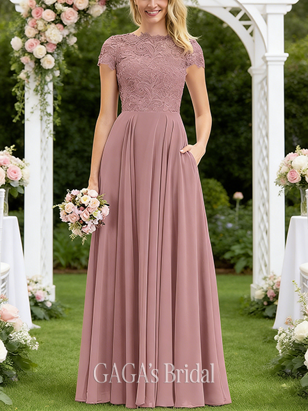 A-line Retro Scoop Floor-Length Lace Chiffon Bridesmaid Dress