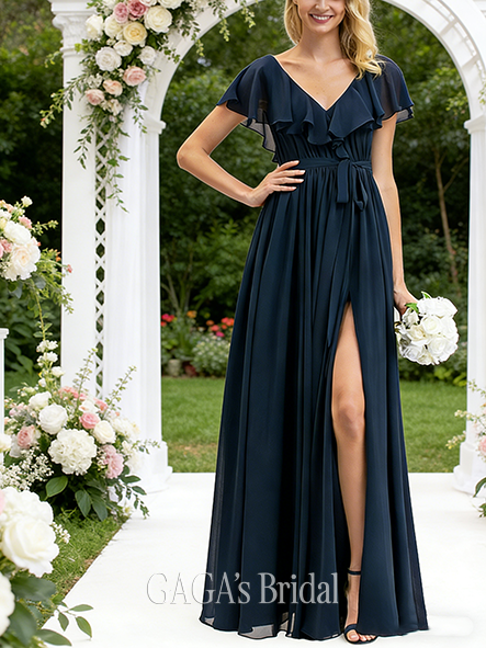 A-line Playful V-Neck Floor-Length Chiffon Bridesmaid Dress With Bow Cascading Ruffles