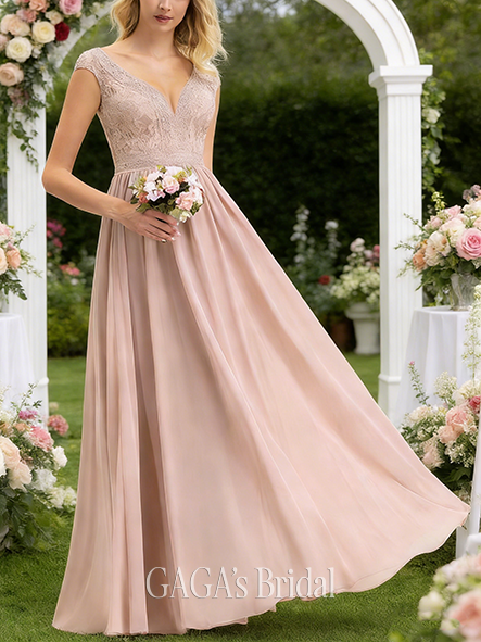 New Arrival A-line Graceful V-Neck Floor-Length Lace Chiffon Bridesmaid Dress