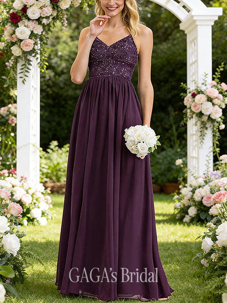 New Arrival A-line Rich V-Neck Floor-Length Chiffon Lace Bridesmaid Dress With Beading Sequins